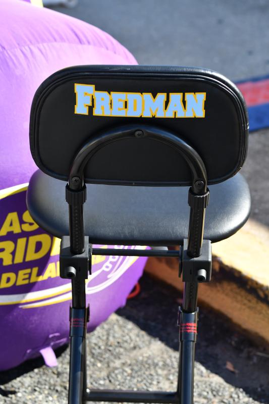 The rear view of the chair the Cape football boosters gifted Fredman.